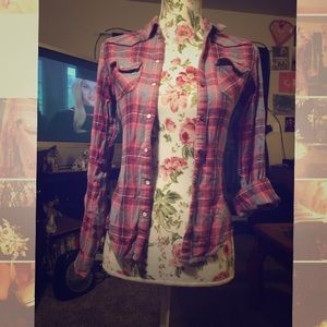 Pink and Blue Plaid Flannel Shirt